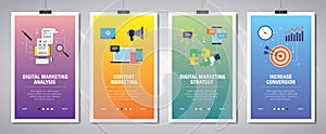 Internet banner set with marketing digital, analytics and strategy icons