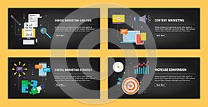Internet banner set with marketing digital, analytics and strategy icons