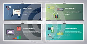 Internet banner set of report, accountancy and organization icons
