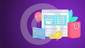 Internet browser computer screen with digital store website user interface 3d icon vector