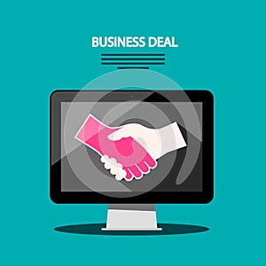 Internet Business Deal Vector Flat Design Illustration with Shaking Hands on Computer