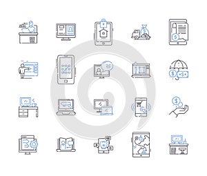 Internet business outline icons collection. e-commerce, online, web, store, shopping, marketing, services vector and