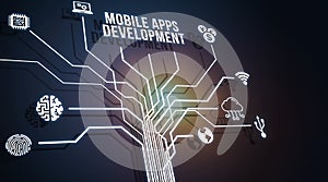 Internet, business, Technology and network concept. Inscription MOBILE APPS DEVELOPMENT on the virtual display. Cloud technology