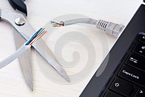 Internet cable laptop and scissors