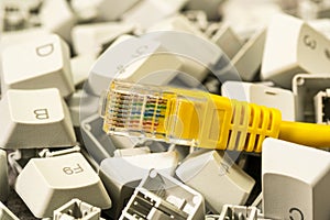 Internet cable RJ45 and keyboard keys close-up view