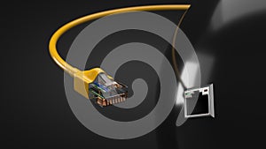 Internet cable and tech hub sphere. conceptual 3d illustration of ethernet cable and rj-45 plug.