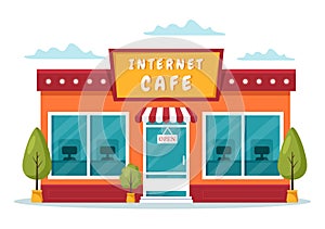 Internet Cafe Building for Playing Games, Workplace use a Laptop, Talking and Drinking in Flat Cartoon Hand Drawn Illustration