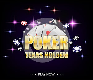 Internet casino banner with glowing lamps for online casino, poker, card games, texas holdem. Poker poster with chips