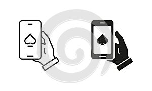 Internet Casino in Cellphone Line and Silhouette Black Icon Set. Online Poker Club on Mobile Phone Pictogram. Success