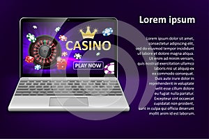 Internet casino marketing template with laptop, dice, poker, roulette wheel and casino chips. Web poker and gambling