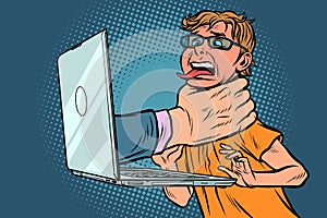 Internet censorship concept. Hand strangles computer user