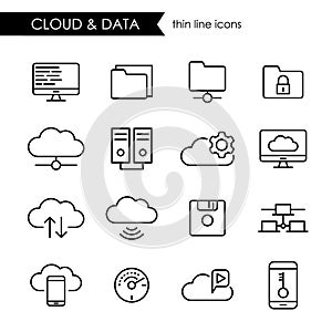 Internet cloud and data storage thin line icon set