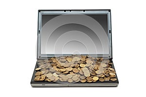 Internet commerce concept with coins and laptop