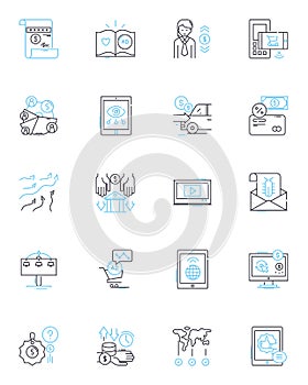 Internet commerce linear icons set. E-commerce, Online sales, Webstore, Shopping, Auctions, Cyber-sales, Payments line