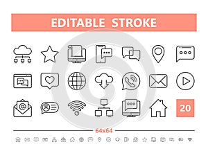 Internet communication 20 line icons. Vector illustration in line style. Editable Stroke, 64x64, 256x256, Pixel Perfect.