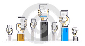 Internet communication and activity, people hands holding phones and using apps, global network, modern communication, messenger