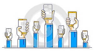 Internet communication and activity, people hands holding phones and using apps, global network, modern communication, messenger