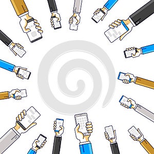 Internet communication and activity, people hands holding phones and using apps, global network, modern communication, messenger