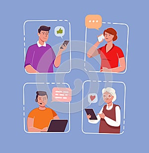 Internet communication, network. People messaging cartoon vector illustration