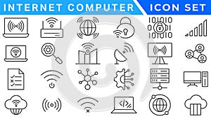 Internet computer icon set. Containing online, computer, network, website, server, web design, hardware, software and programming