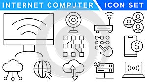 Internet computer icon set. Containing online, computer, network, website, server, web design, hardware, software and programming