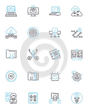 Internet connection linear icons set. Wireless, Ethernet, Broadband, Modem, Router, Firewall, Signal line vector and