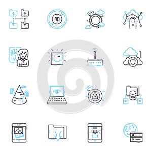 Internet connection linear icons set. Wireless, Ethernet, Broadband, Modem, Router, Firewall, Signal line vector and