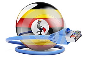 Internet connection in Uganda. Lan cable with Ugandan flag, 3D rendering