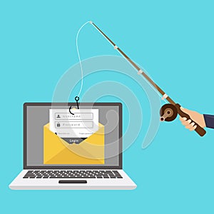 Internet crime phishing, sign in account on laptop sent by email illustration flat design