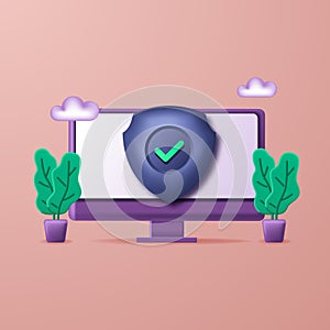 Internet data protection. security and firewall system. privacy encryption digital. 3d icon shield and computer