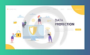 Internet Data Safety Network Landing Page. Business Information Digital Shield Technology Icon Server Privacy Encryption