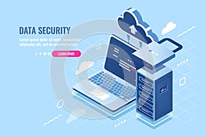 Internet data security concept, laptop with server rack and clock, protection and encryption data transfer, cloud data photo