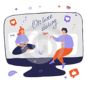 Internet dating. Internet flirting and relationships. Mobile service, application for meeting foreigners. Flat vector illustration