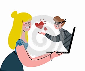 Internet Dating Scam.The girl hopes for true love. The man on the Internet is a cheater.