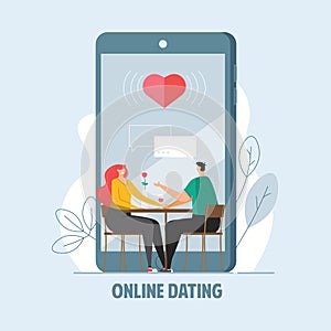 Internet digital scene, romantic people in love on date on the background of phone. Concept of online dating, virtual relations