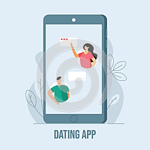 Internet digital scene, romantic people in love on date on the background of phone. Concept of online dating, virtual relations an