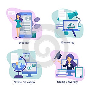 Internet education. Web classroom for distance tutorials online courses and webinars virtual trainings vector