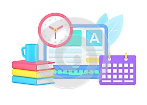 Internet exam laptop user interface with wall watch and schedule 3d icon isometric vector