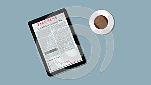 Internet Fake News Illustration. Fake Headline on Tablet. People Reading Fake News Concept. Coffee and Table in the