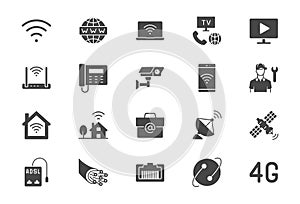 Internet flat icons. Vector illustration include icon - satellite dish, provider, wifi, cctv camera, laptop, optical