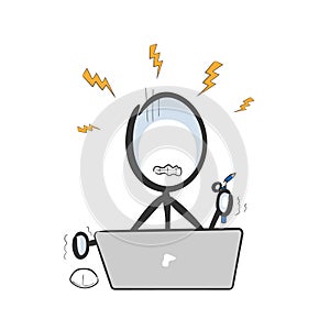 Internet fraud. Angry man .Vector simple stressed using computer. Stickman no face clipart cartoon. Hand drawn. Doodle sketch,