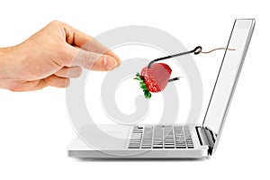 Internet fraud concept. hook with bait through laptop screen