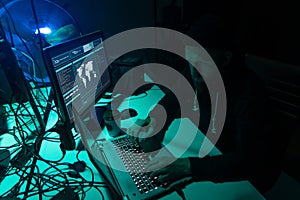Internet fraud, darknet, data thief, cybercrime concept. Hacker attack on government server. Dangerous criminals coding
