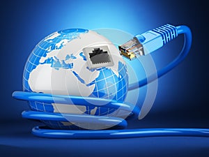 Internet global comunication concept. Earth and ethernet cable o photo