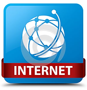 Internet (global network icon) cyan blue square button red ribbon in middle