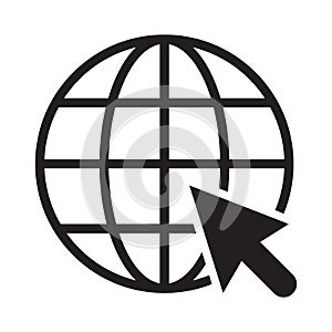 Internet globe icon with arrow cursor. World wide web symbol , black isolated vector illustration