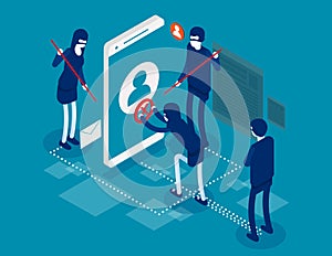 Internet hacker composition with hacker. Isometric hacker attack concept