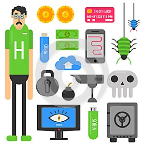 Internet hacker computer phishing malware viruses vector flat icons