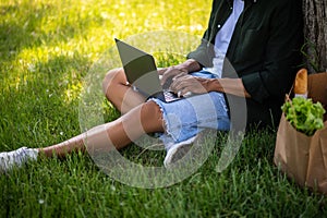 Hands of man sitting on grass typing on laptop