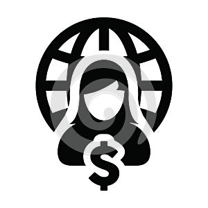 Internet icon vector globe with dollar sign currency money female person profile avatar symbol for a business network